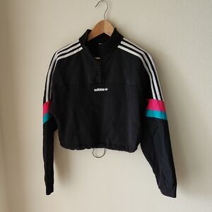 Adidas Track Jacket Retro Black Cropped 1/4 Zip Pink and Teal Accents Sz L Y2k